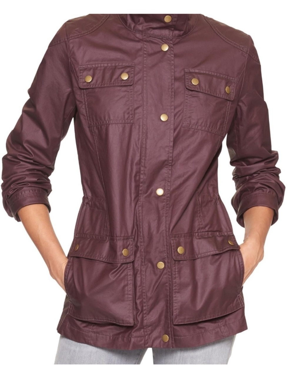 Banana Republic Plum Waxy Rain Utility Jacket Snap Pockets Cinch Waist SZE M